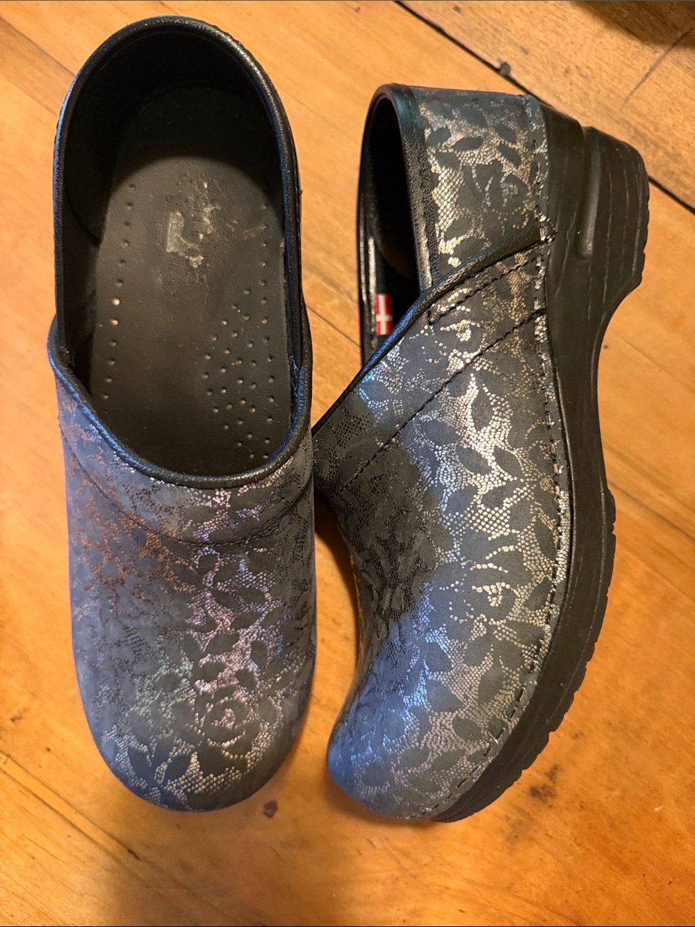 Sanita Women’s Gray and Black Floral Mules size 37